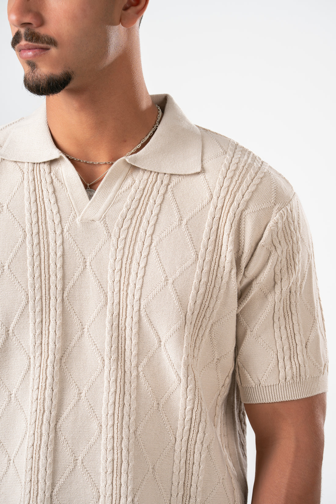 BEIGE BRAIDED SHORT SLEEVE POLO