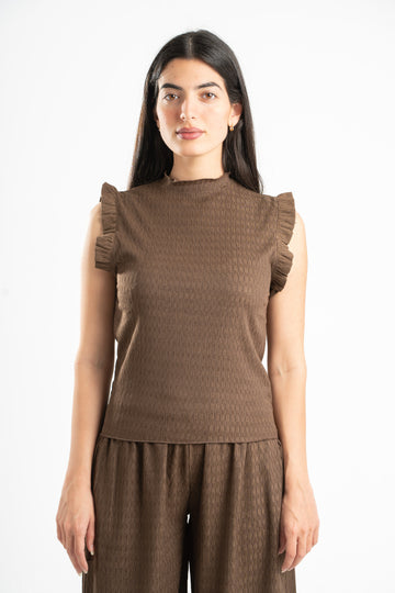BROWN WRINKLED RUFFLED TOP