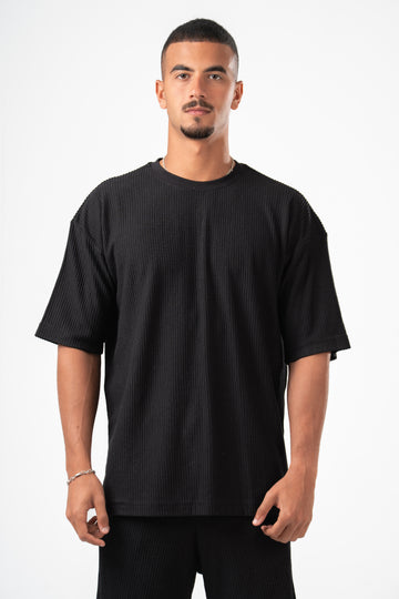 BLACK MINIMAL RIBBED BOX-TEE