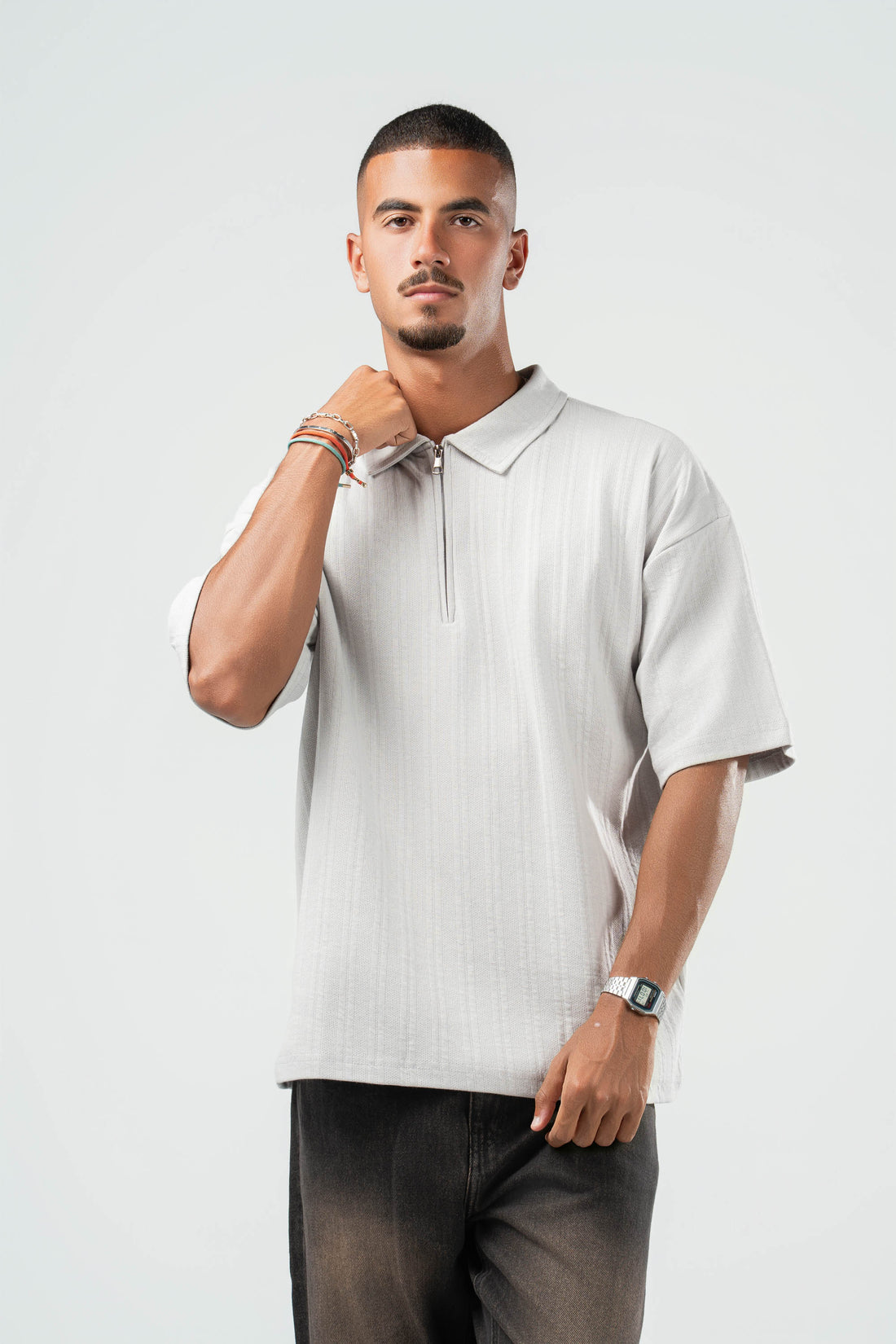 LIGHT GREY ZIP UP COLLAR TEE