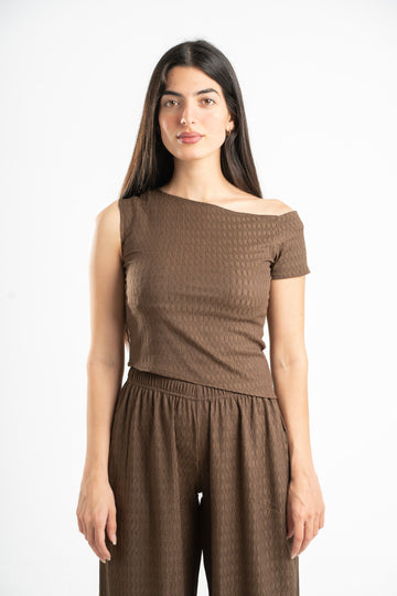 BROWN WRINKLED ASYMMETRICAL TOP