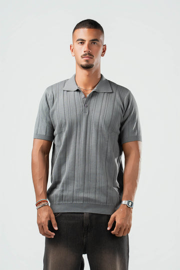 GREY RIBBED KNIT POLO 09