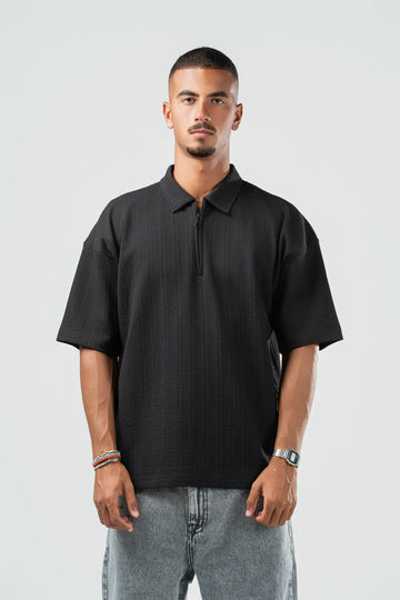 BLACK ZIP UP COLLAR TEE