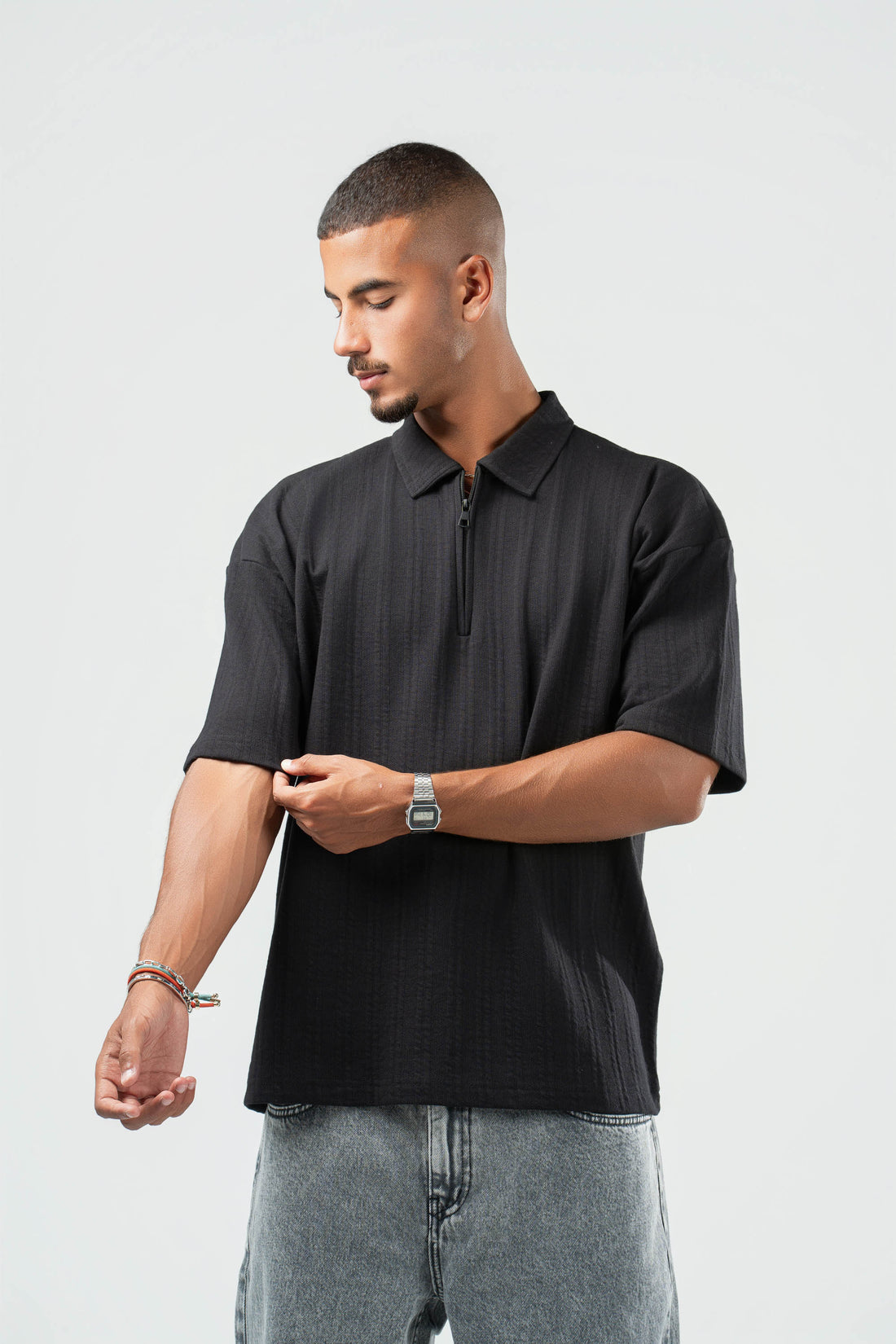 BLACK ZIP UP COLLAR TEE