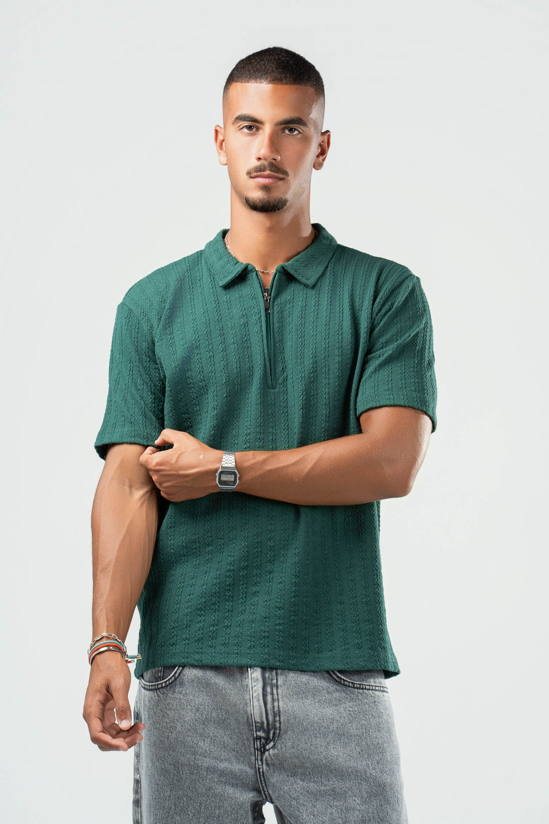 DARK GREEN BRAIDED TEXTURED ZIP UP