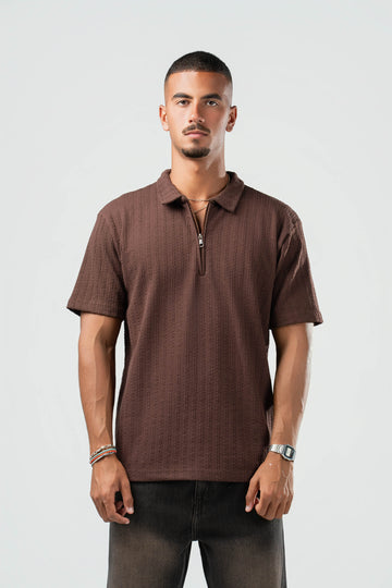 DARK BROWN BRAIDED TEXTURED ZIP UP