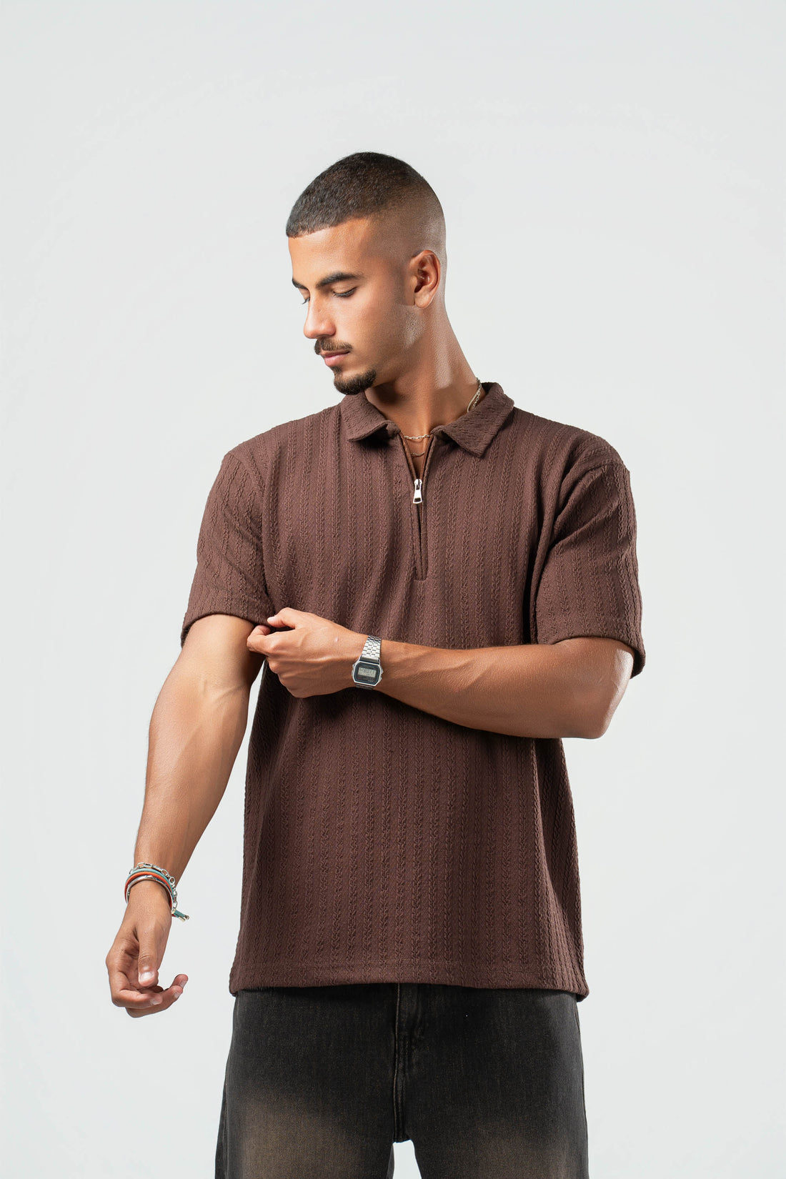 DARK BROWN BRAIDED TEXTURED ZIP UP