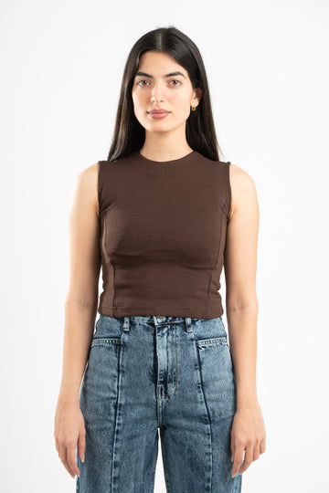 BROWN SLEEVELESS FITTED TOP
