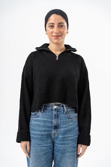 BLACK CROPPED KNITTED QUARTER ZIP