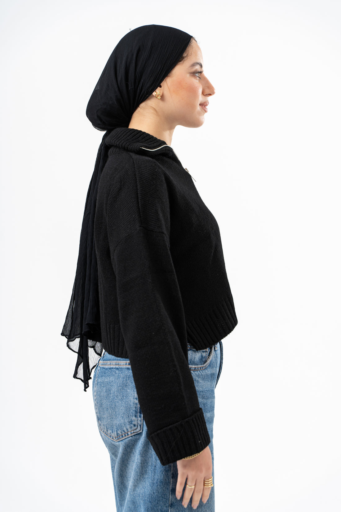 BLACK CROPPED KNITTED QUARTER ZIP