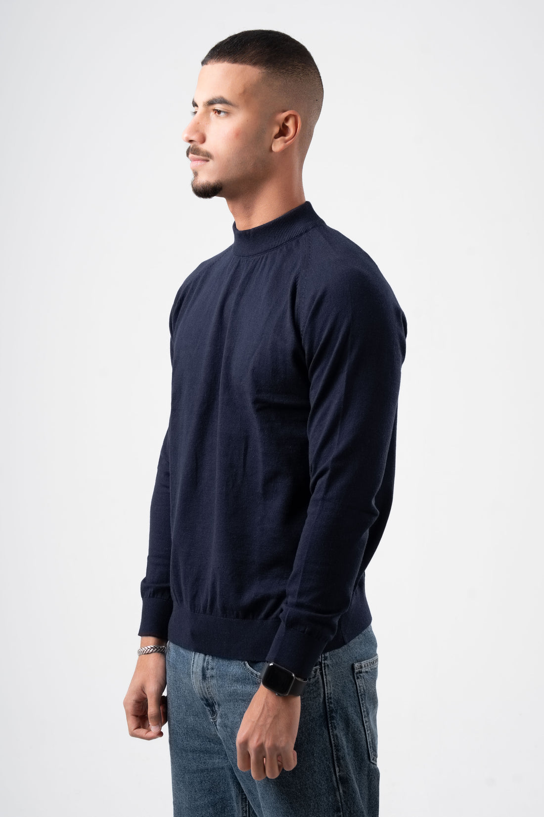 NAVY BLUE HALF COLLAR KNITTED PULLOVER