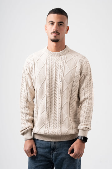 BEIGE BRAIDED KNIT PULLOVER