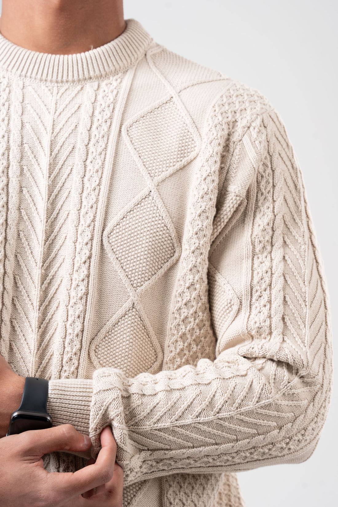BEIGE BRAIDED KNIT PULLOVER