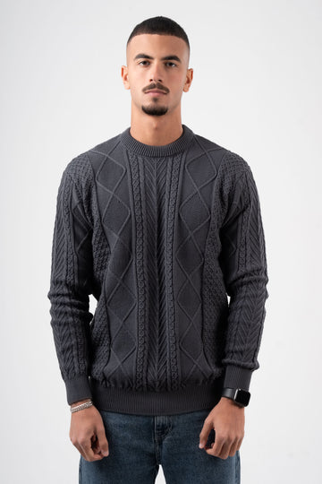 DARK GREY BRAIDED KNIT PULLOVER