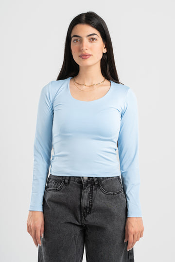 SKY-BLUE LONG SLEEVES WIDE NECK TOP