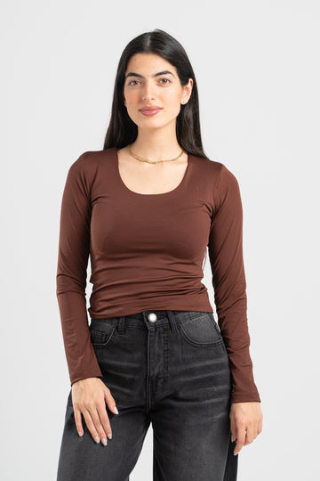 DARK BROWN LONG SLEEVES WIDE NECK TOP