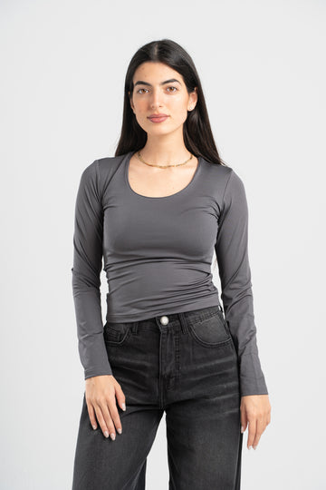 DARK GREY LONG SLEEVES WIDE NECK TOP