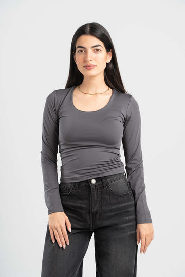 DARK GREY LONG SLEEVES WIDE NECK TOP