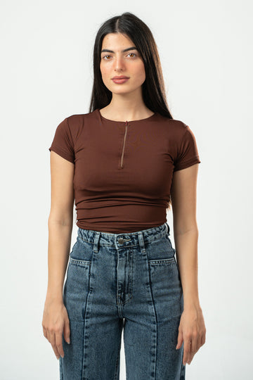 DARK BROWN HALF ZIPPER TOP