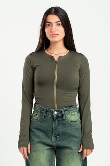 FOREST GREEN FULL-ZIPPER TOP
