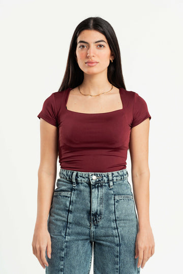 BURGUNDY SQUARE NECK HALF SLEEVES TOP