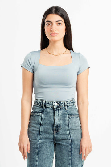 LIGHT GREY SQUARE NECK HALF SLEEVES TOP
