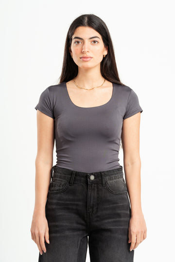 DARK GREY ESSENTIAL WIDE NECK TOP