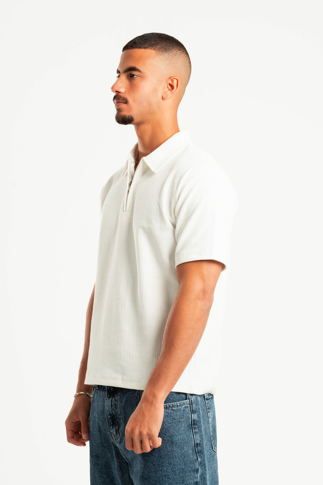 OFF-WHITE RIBBED QUARTER ZIPPER