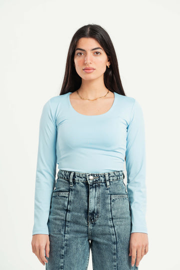 SKY-BLUE LONG SLEEVES WIDE NECK TOP