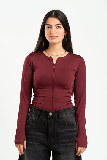 BURGUNDY FULL-ZIPPER TOP