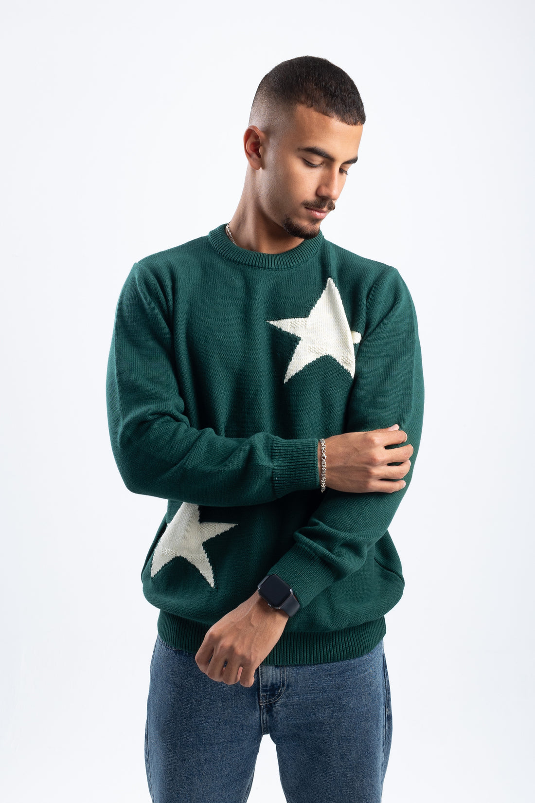 DARK GREEN STAR CREWNECK
