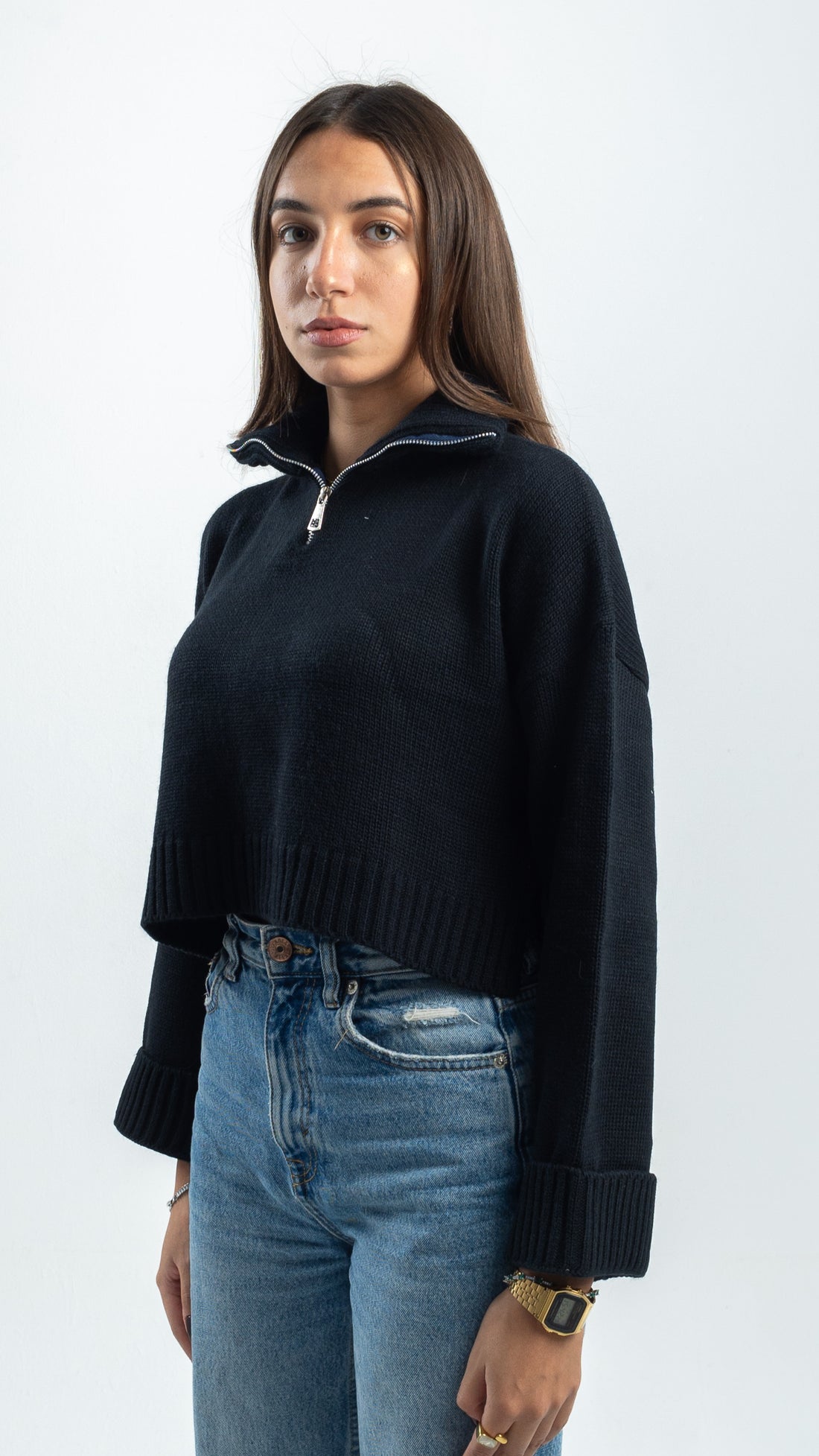 NAVY CROPPED KNITTED QUARTER ZIP