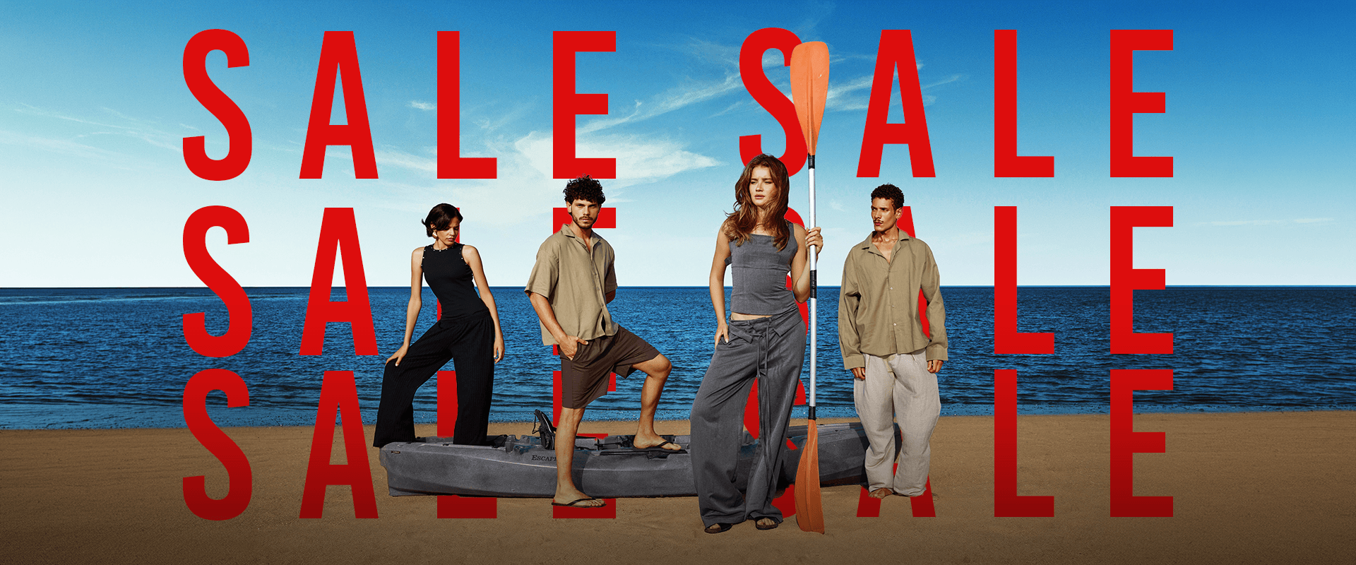 A promotional beach scene with four people standing on sand in front of the ocean under a blue sky, overlaid with repeated large red text reading SALE.slider_item_hjrxhC