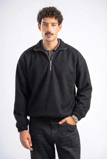 BLACK WOOL QUARTER ZIP
