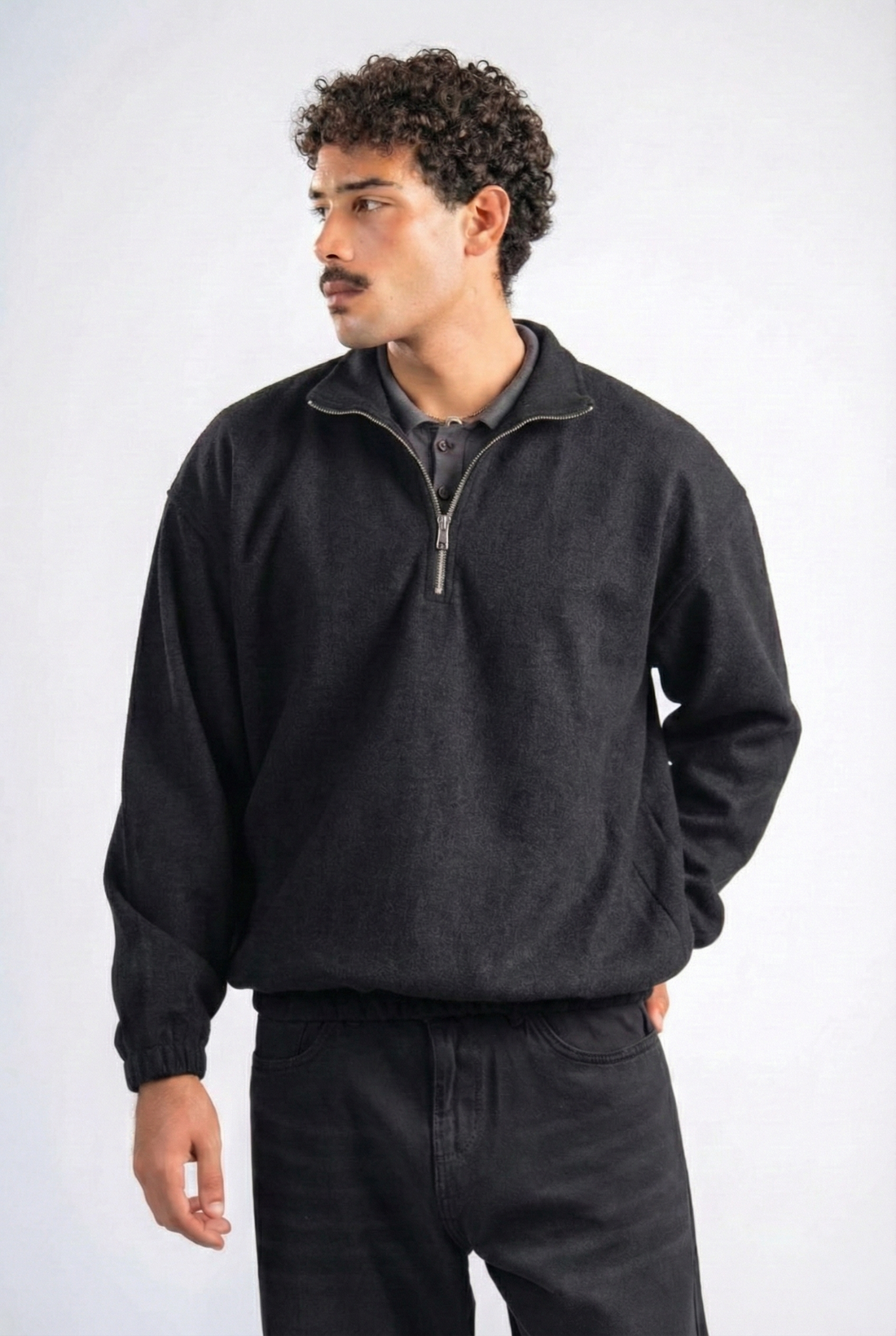 BLACK WOOL QUARTER ZIP
