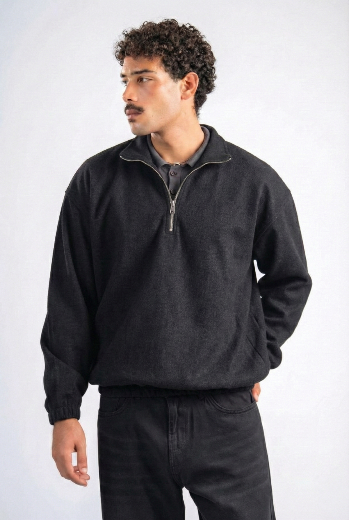 BLACK WOOL QUARTER ZIP