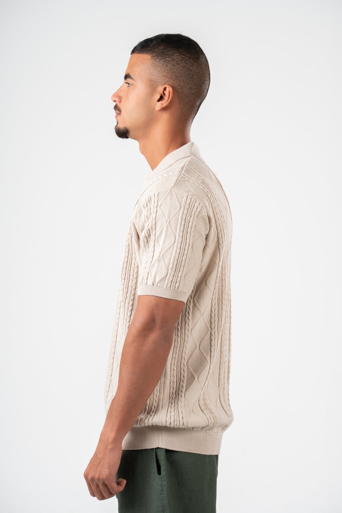 BEIGE BRAIDED SHORT SLEEVE POLO