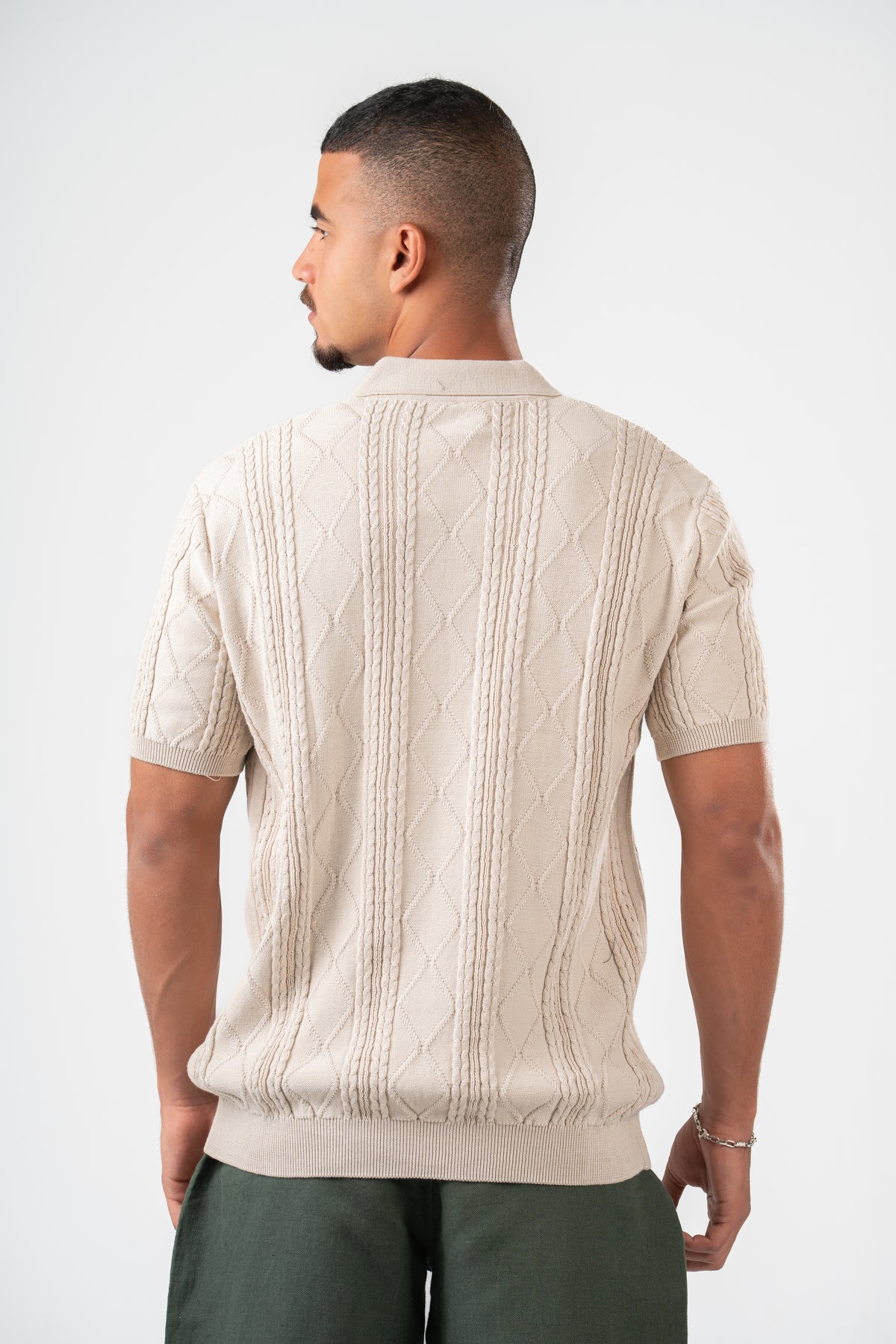 BEIGE BRAIDED SHORT SLEEVE POLO