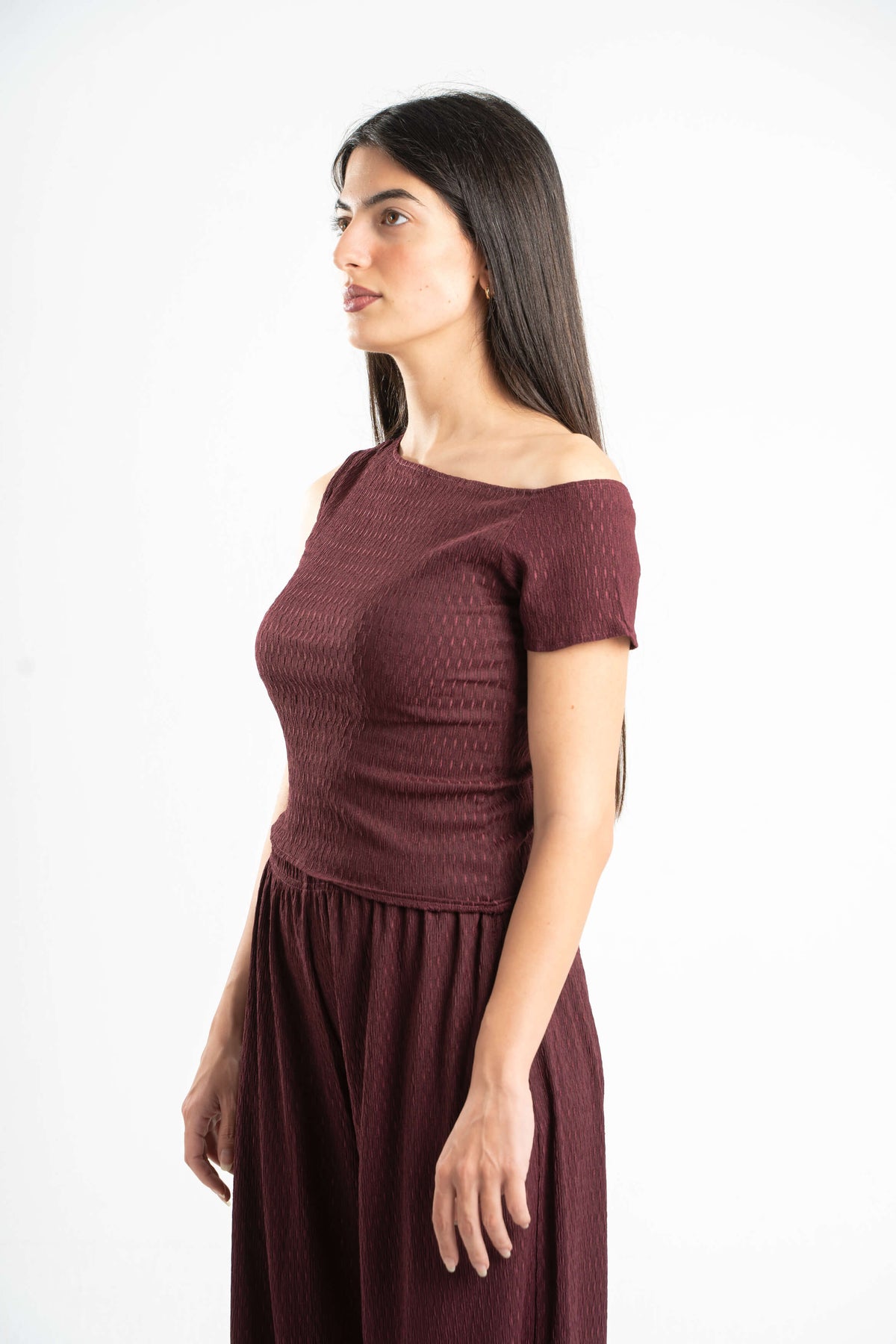 BURGUNDY WRINKLED ASYMMETRICAL TOP