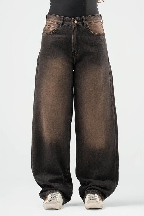 Brown wide-leg jeans on a white background