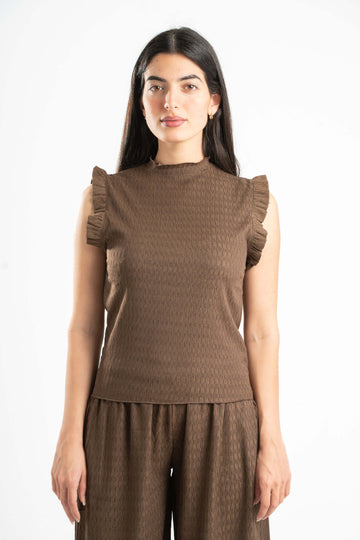 BROWN WRINKLED RUFFLED TOP