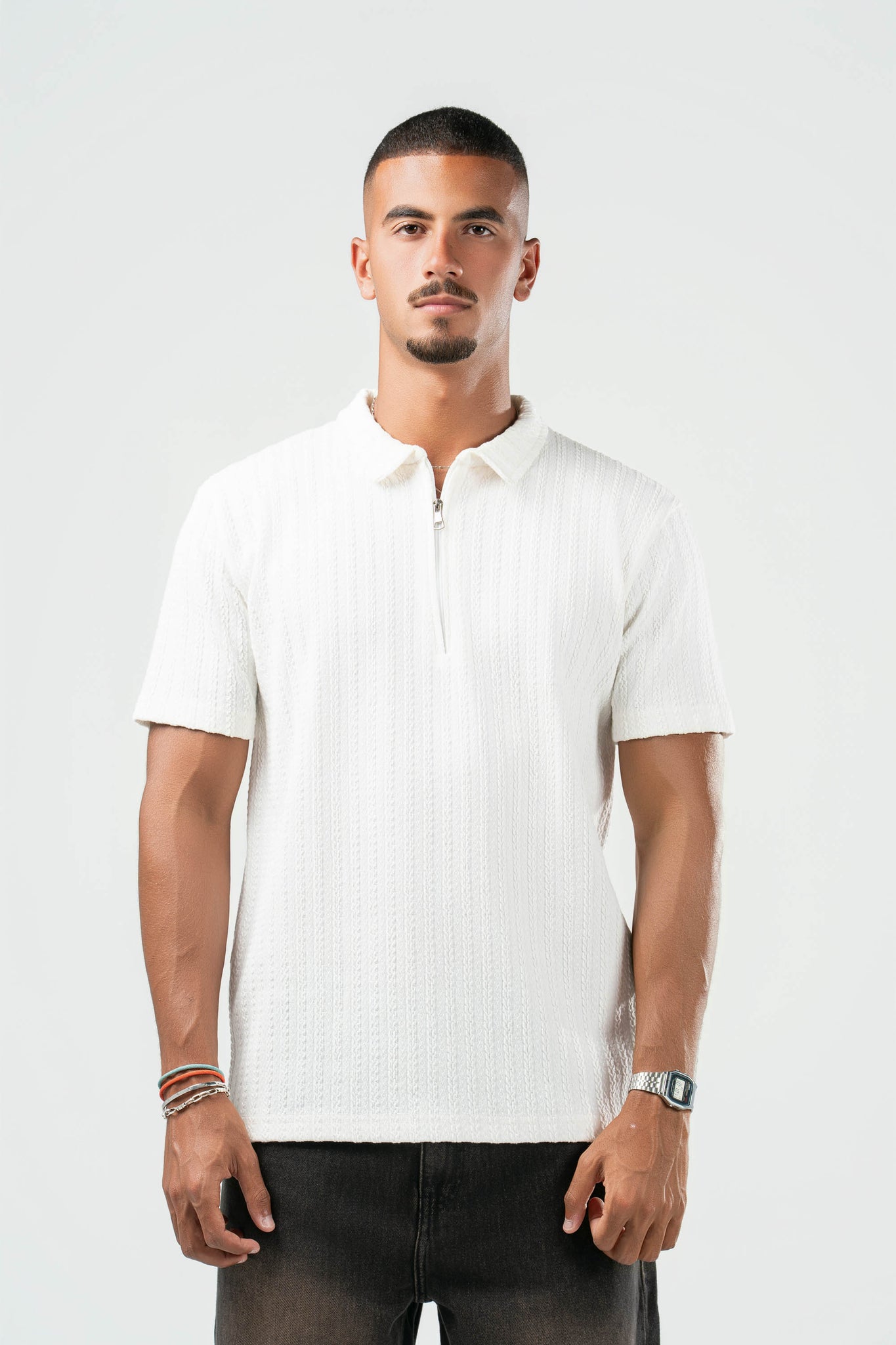 OFF-WHITE BRAIDED TEXTURED ZIP UP