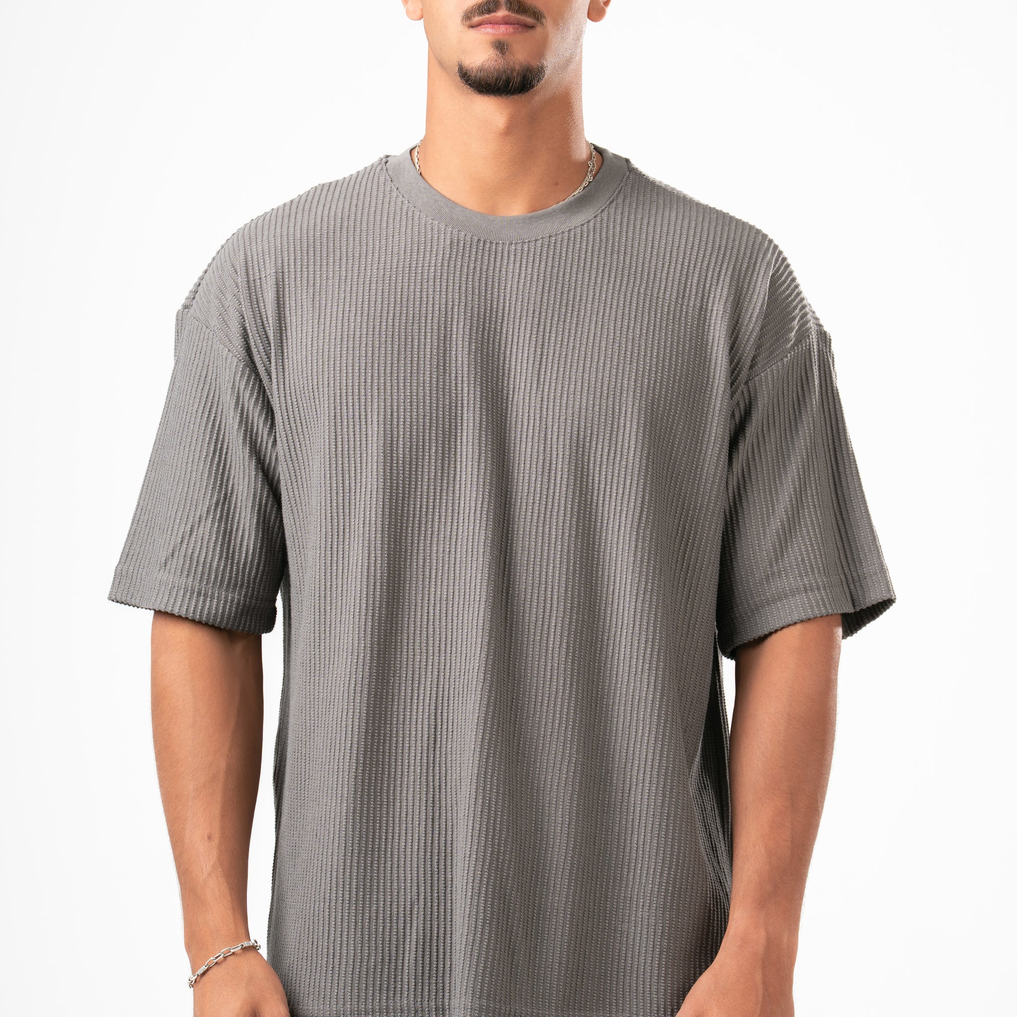 GREY MINIMAL RIBBED BOX-TEE