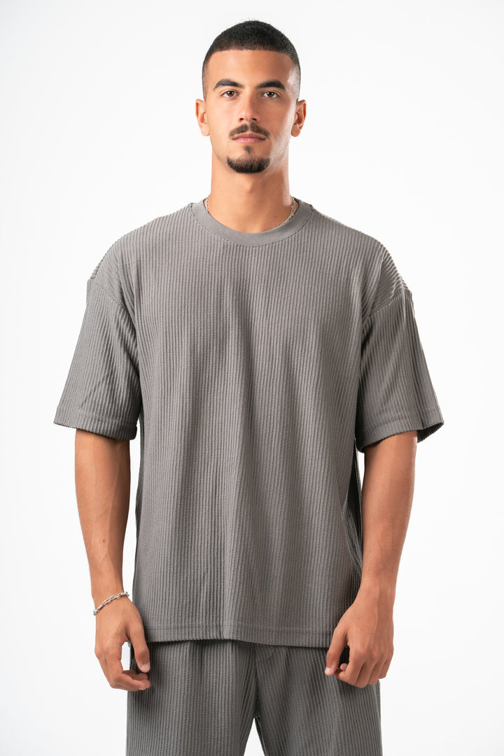 GREY MINIMAL RIBBED BOX-TEE