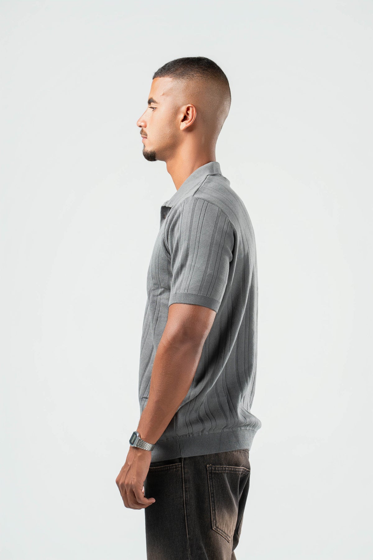 GREY RIBBED KNIT POLO 09