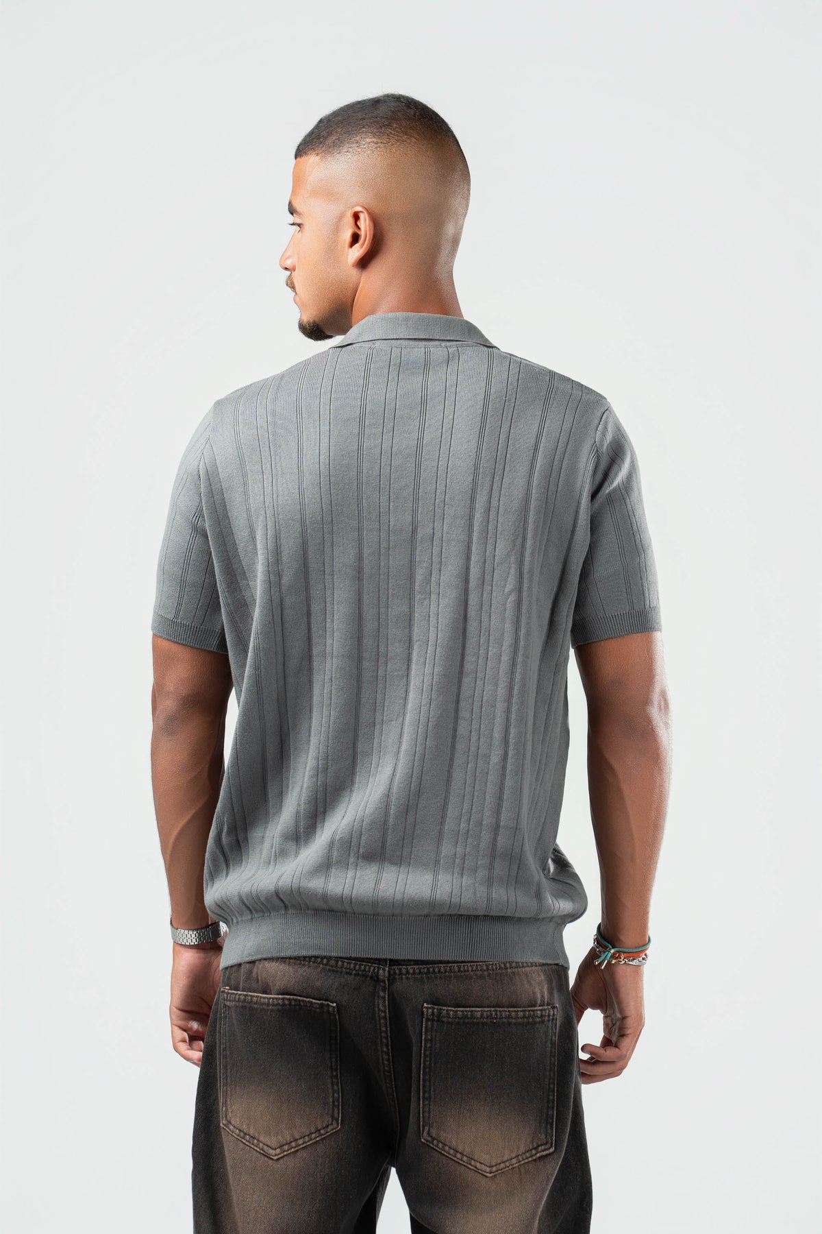 GREY RIBBED KNIT POLO 09