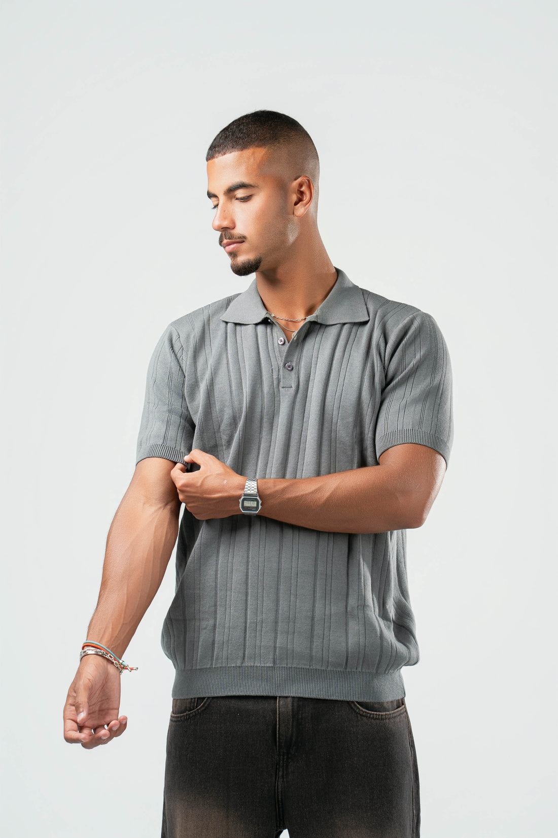 GREY RIBBED KNIT POLO 09
