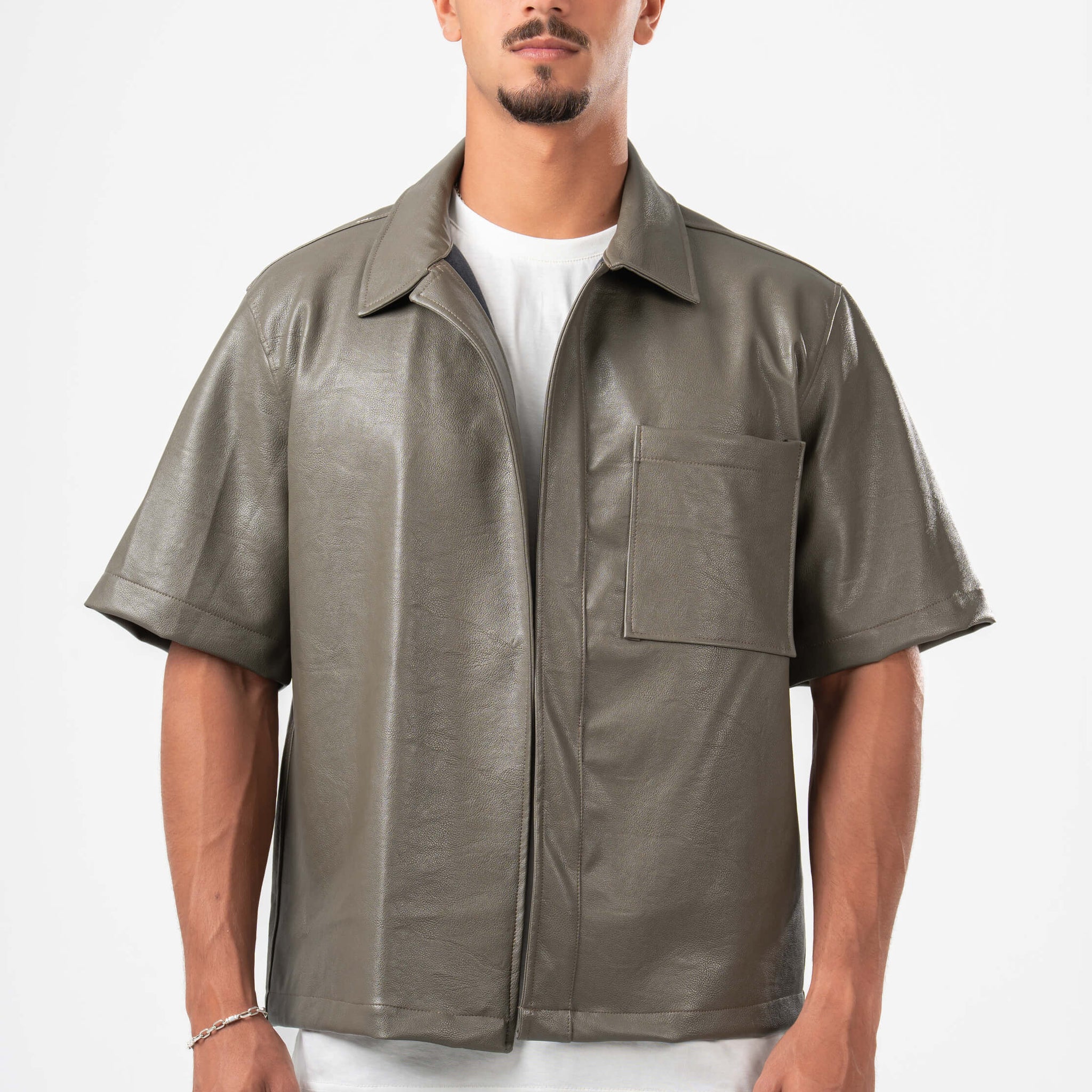 GREYISH GREEN BOXY FAUX-LEATHER SHIRT JACKET