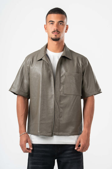 GREYISH GREEN BOXY FAUX-LEATHER SHIRT JACKET