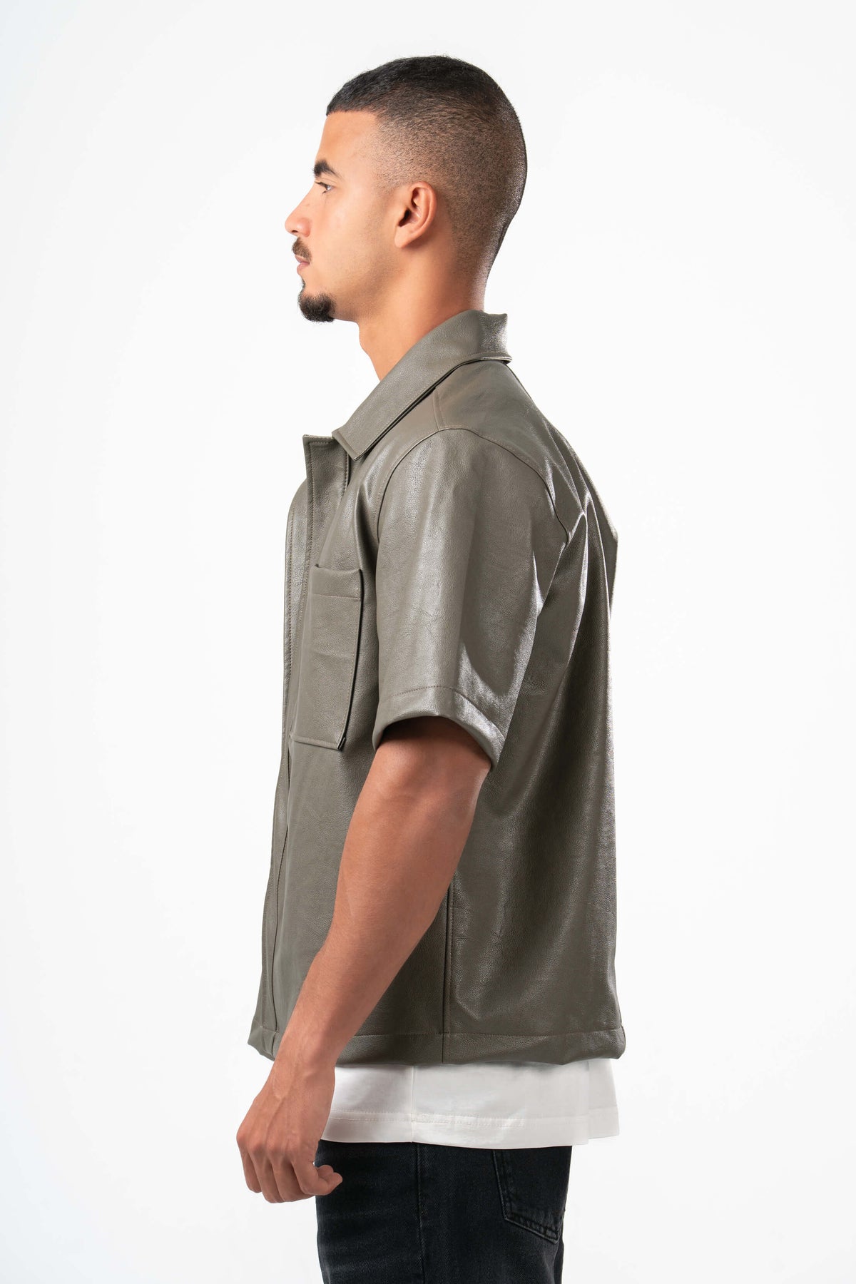 GREYISH GREEN BOXY FAUX-LEATHER SHIRT JACKET